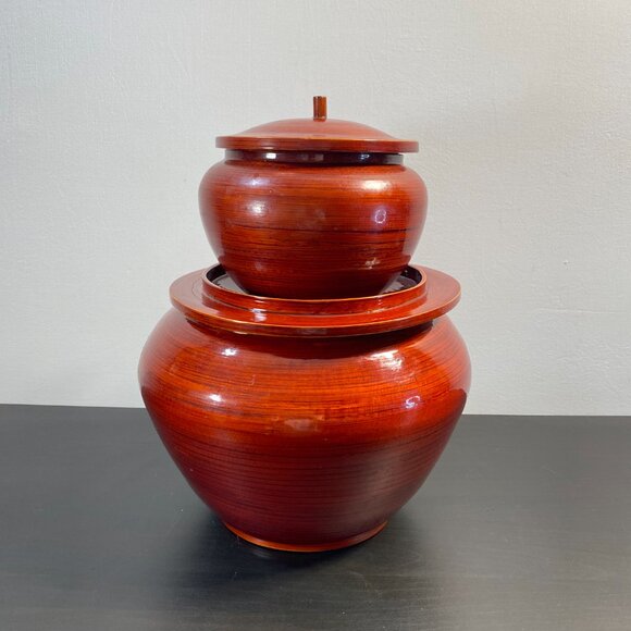 Wooden Jar with Lid, Wood Container, Set of Two, VIETNAM, Vintage, Brown, Money - Picture 4 of 10